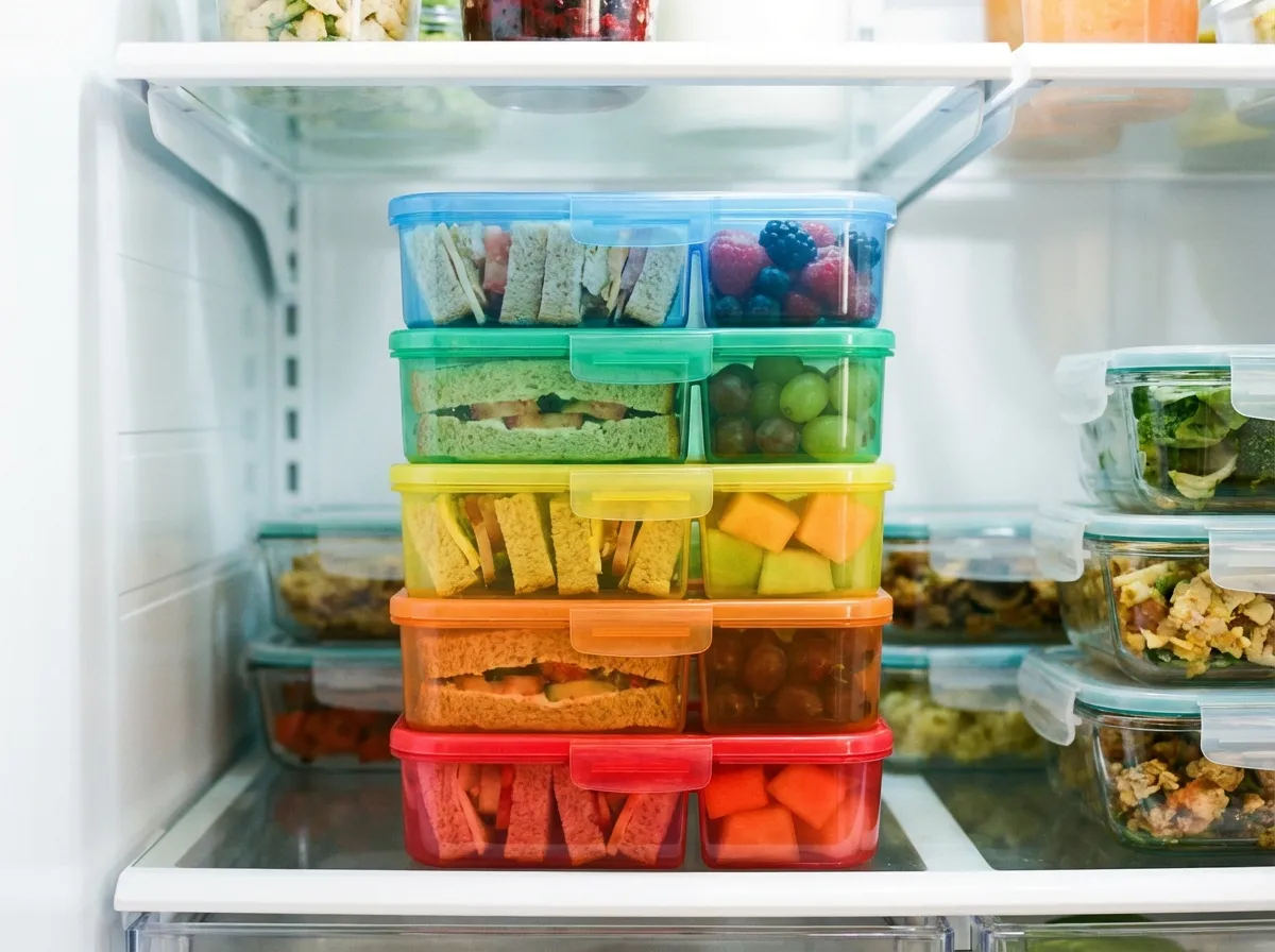 A stack of five closed, colorful bento boxes ready to be placed in the refrigerator.