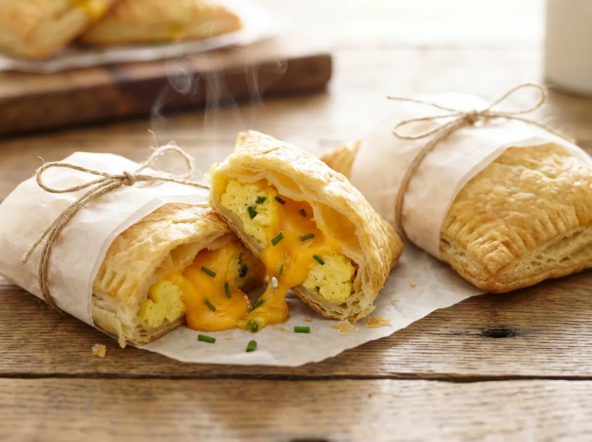 A stack of wrapped breakfast burrito pockets showing a cross-section of egg and cheese.