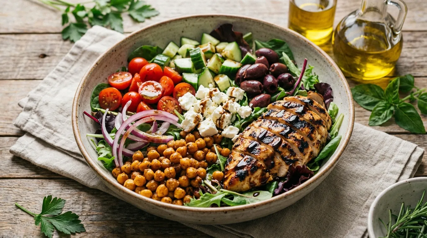 Close-up of a fresh Mediterranean chicken salad dumped from a mason jar into a large white ceramic bowl, showing vibrant greens and dressing.