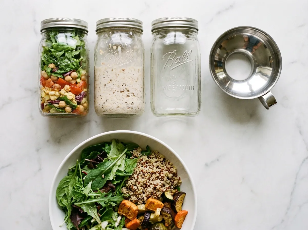 Overhead view of meal prep tools including 32oz wide-mouth jars, a stainless steel canning funnel, and a large ceramic bowl.