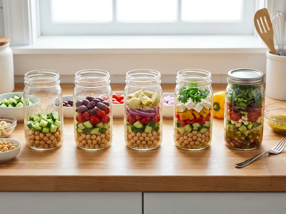 Five mason jars lined up in an assembly line on a kitchen counter being filled with colorful salad ingredients.