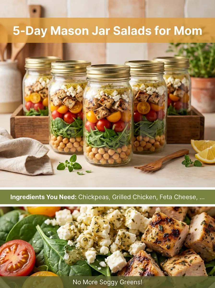Pinterest graphic for 5-Day Mason Jar Salads featuring layered jars and a plated Mediterranean salad.