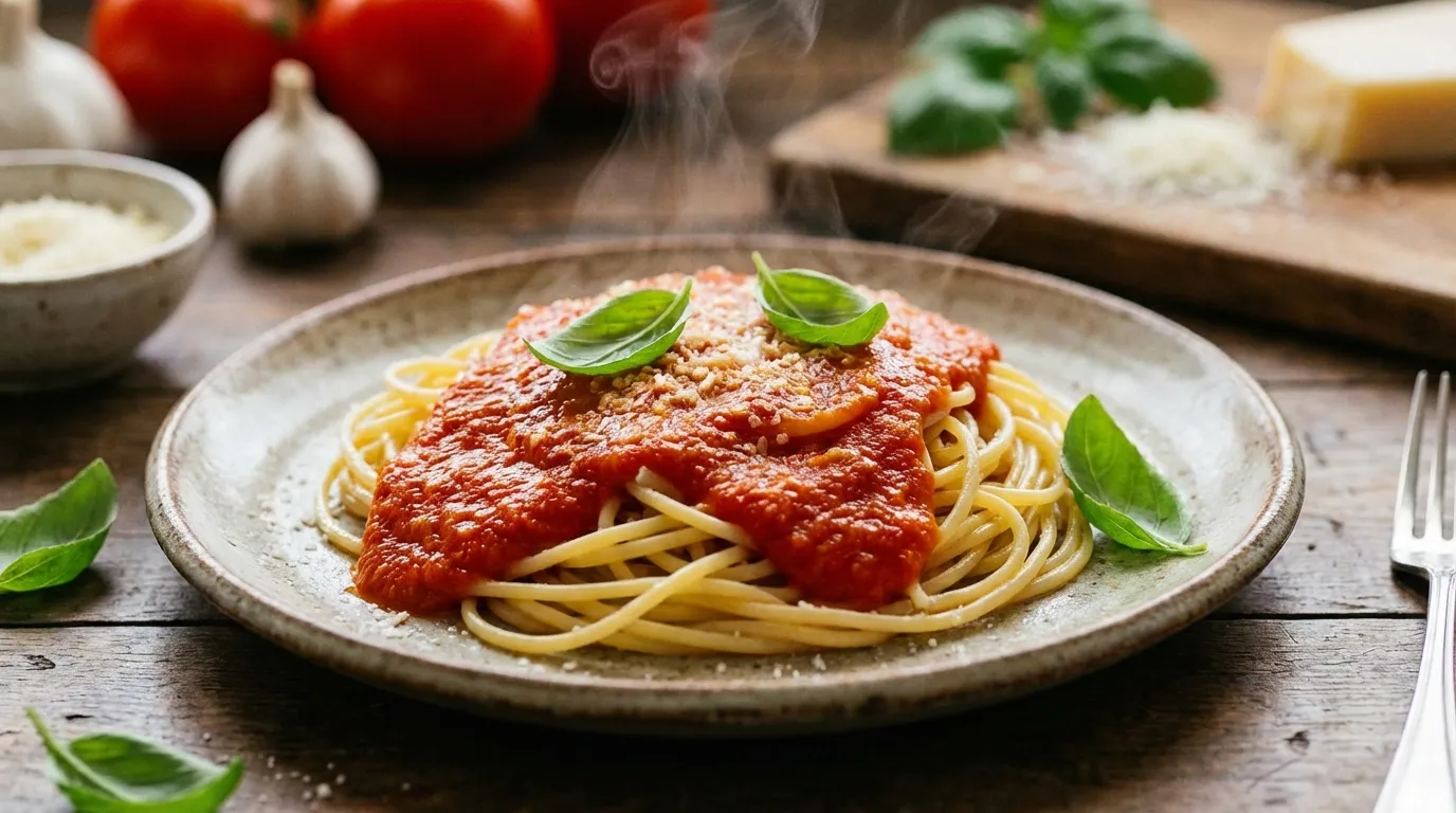 Close-up of velvety smooth hidden veggie spaghetti sauce over steaming pasta with a dusting of parmesan.