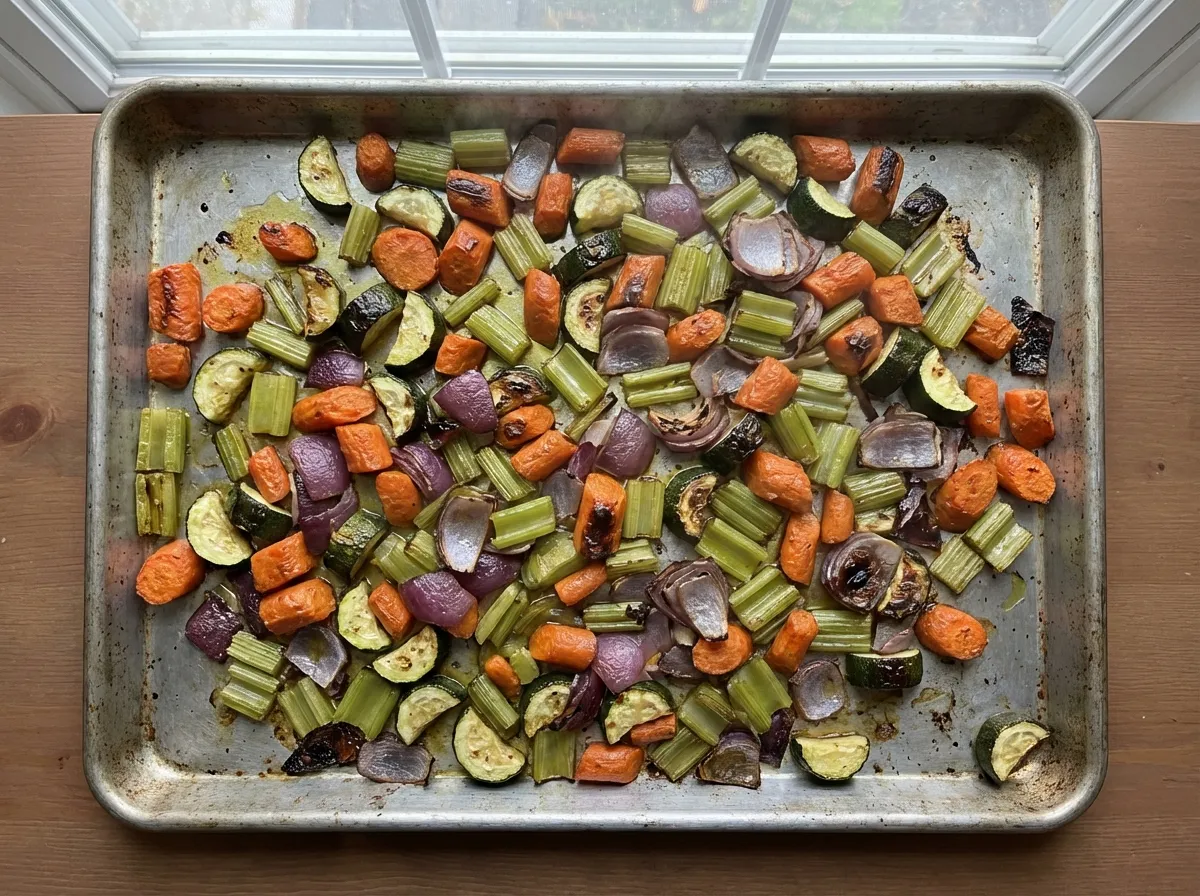 Roasted carrots, celery, onions, and zucchini on a heavy aluminum baking sheet showing caramelized edges.