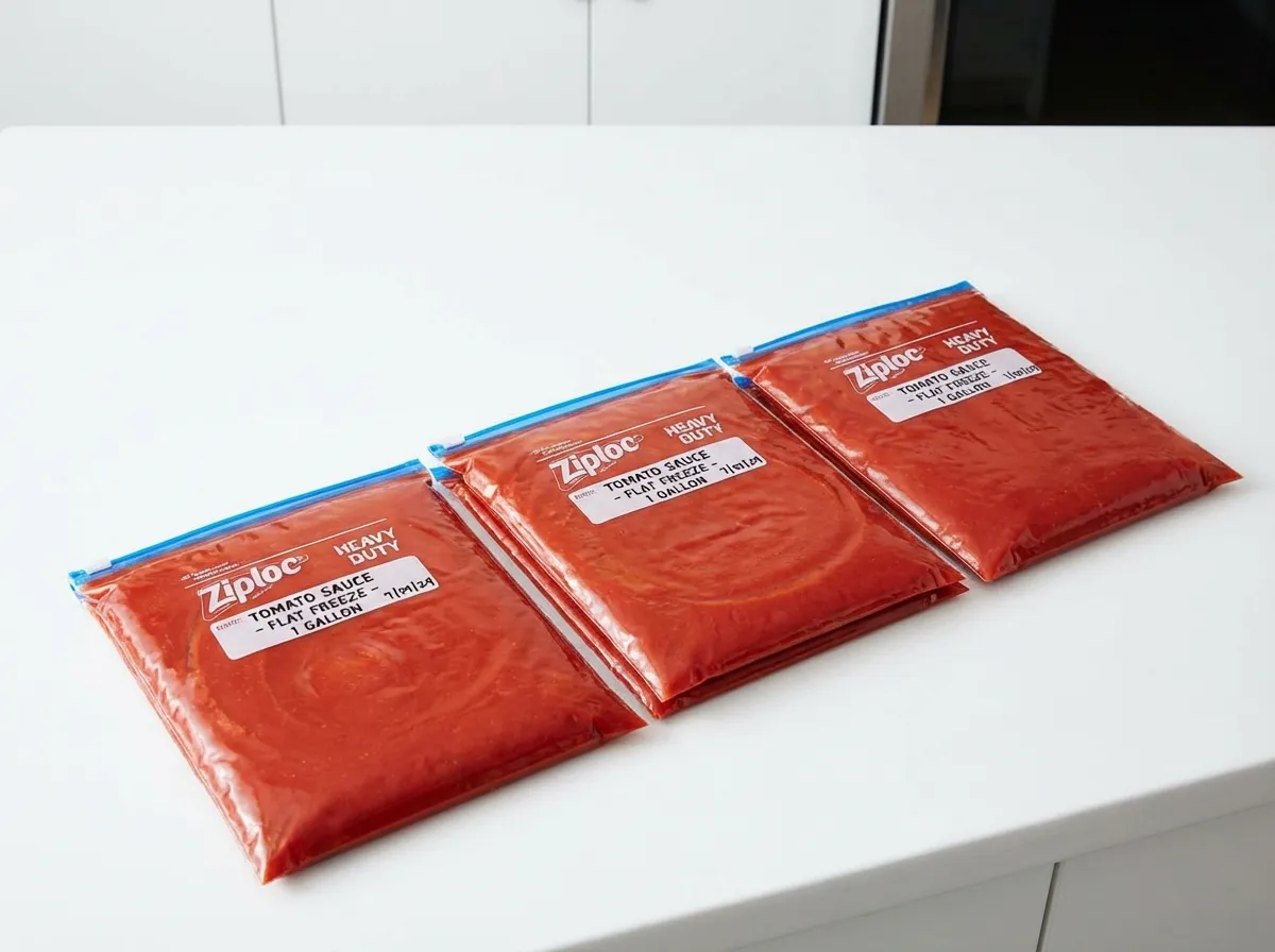Gallon-sized freezer bags filled with red spaghetti sauce laid perfectly flat on a freezer shelf.