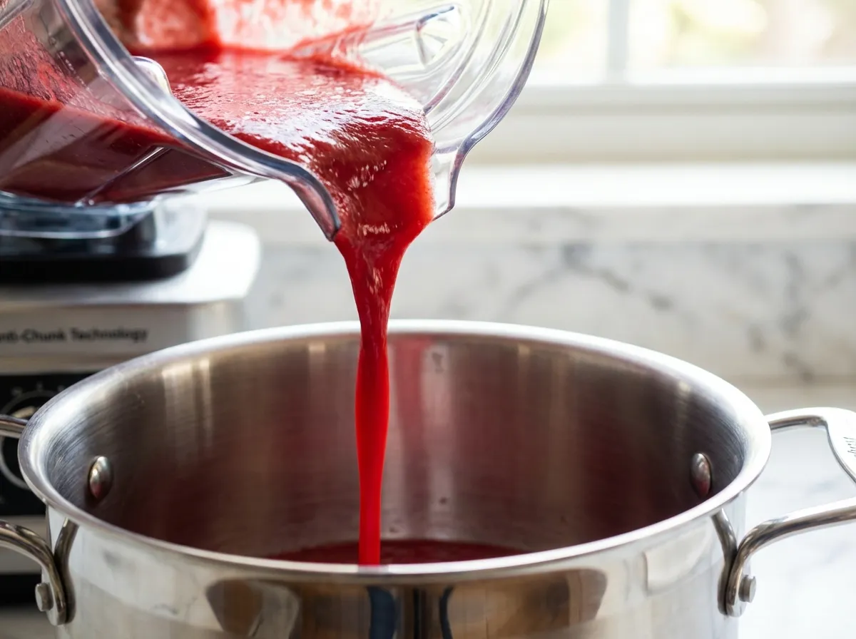 Close-up of smooth, vibrant red vegetable-packed spaghetti sauce being poured from a blender into a pot.