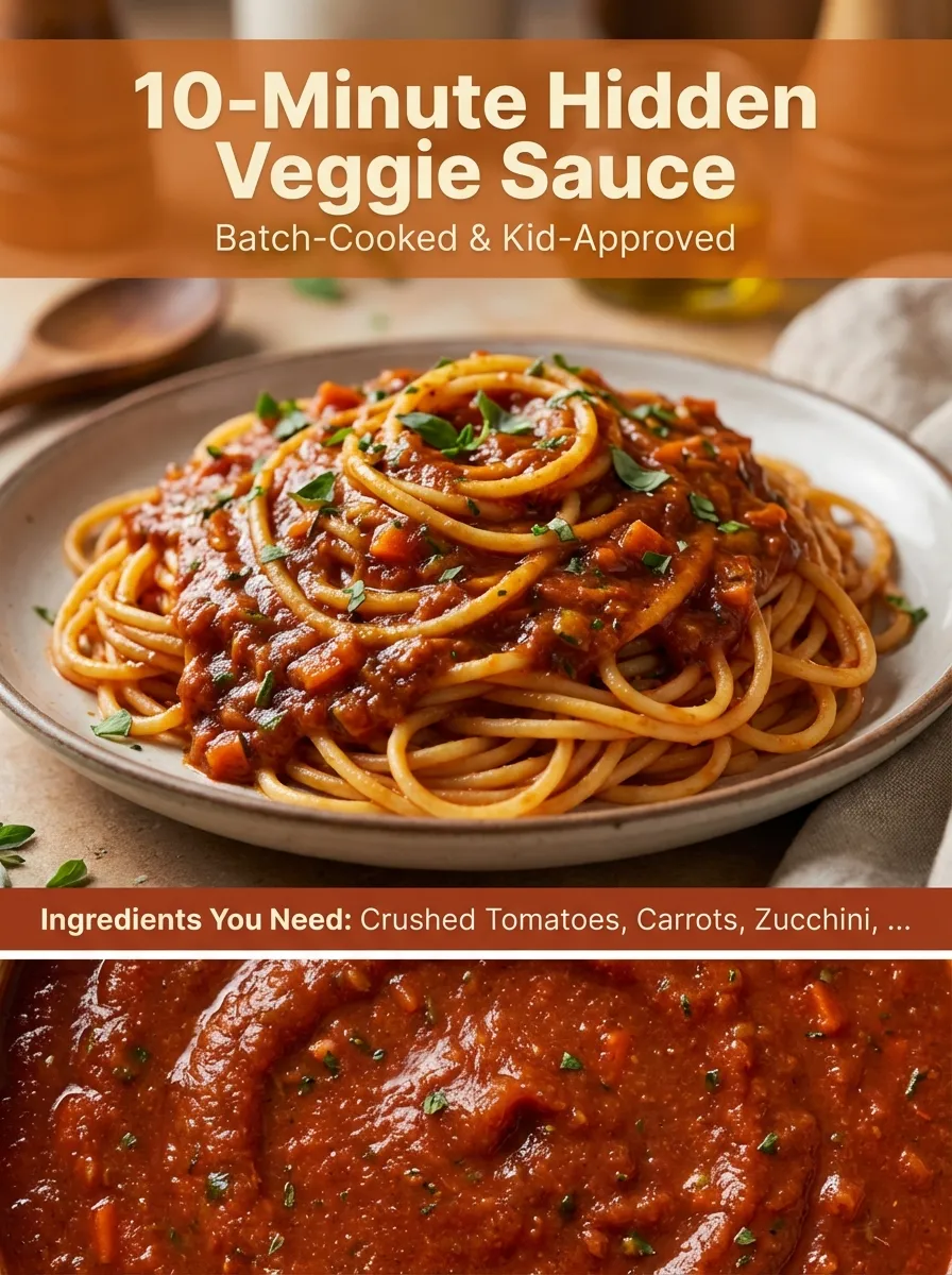 Pinterest pin for Batch-Cooked Hidden Veggie Spaghetti Sauce showing ingredients and finished meal.