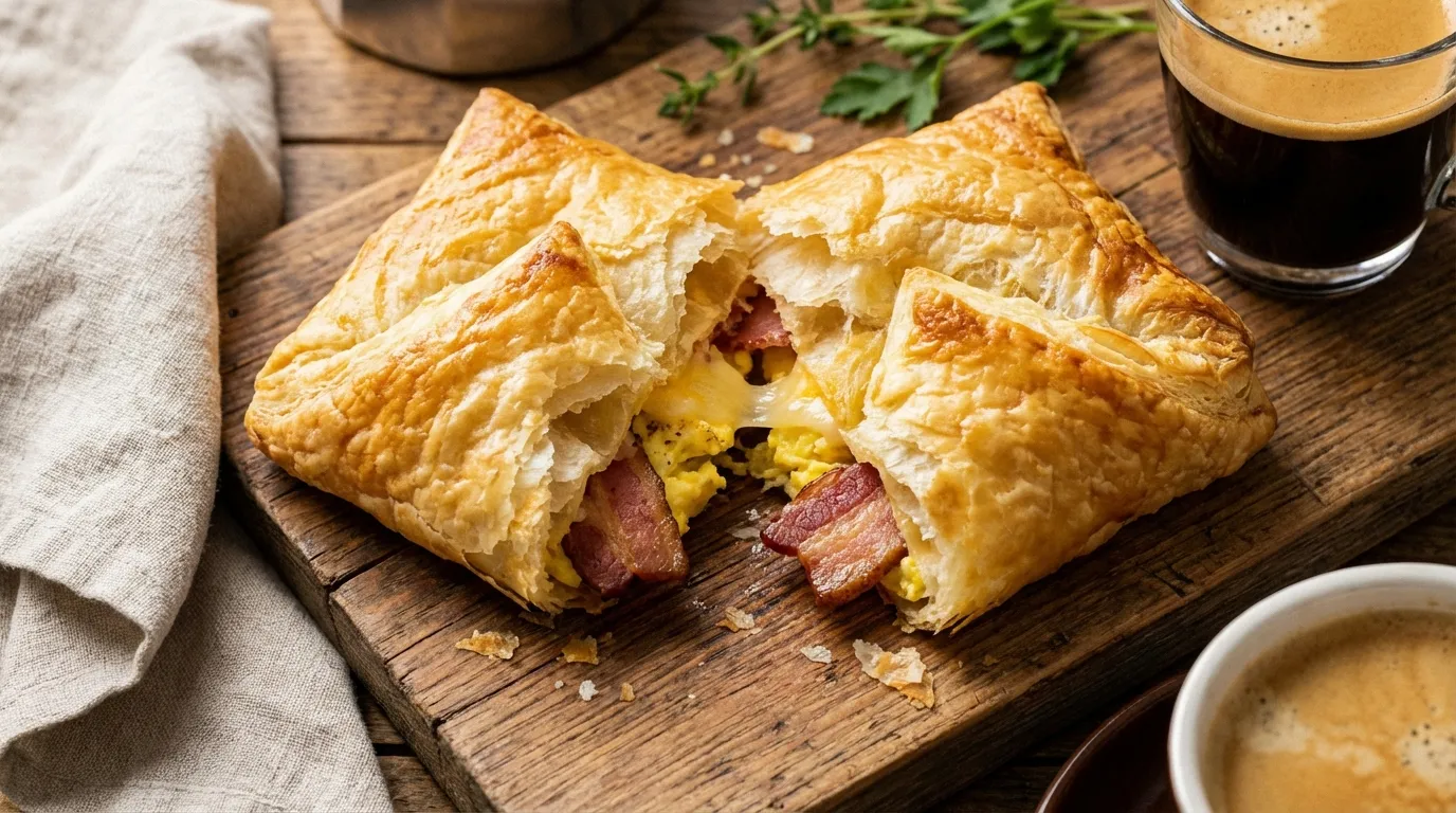 Extreme close-up of a golden flaky puff pastry breakfast pocket sliced open to reveal melted cheddar and soft scrambled eggs.