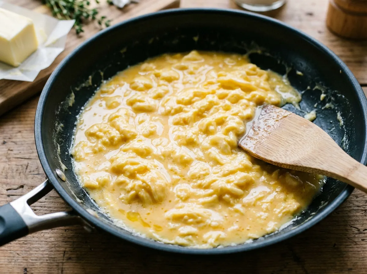 Top-down view of wet, glossy scrambled eggs in a skillet, showing the ideal 'under-cooked' texture for freezing.