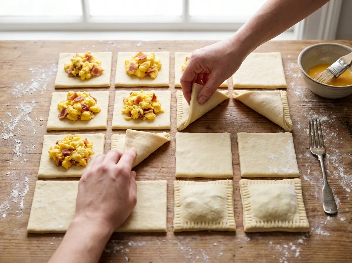 A clean kitchen counter showing a grid of puff pastry squares with egg filling in the center, demonstrating the assembly line method.
