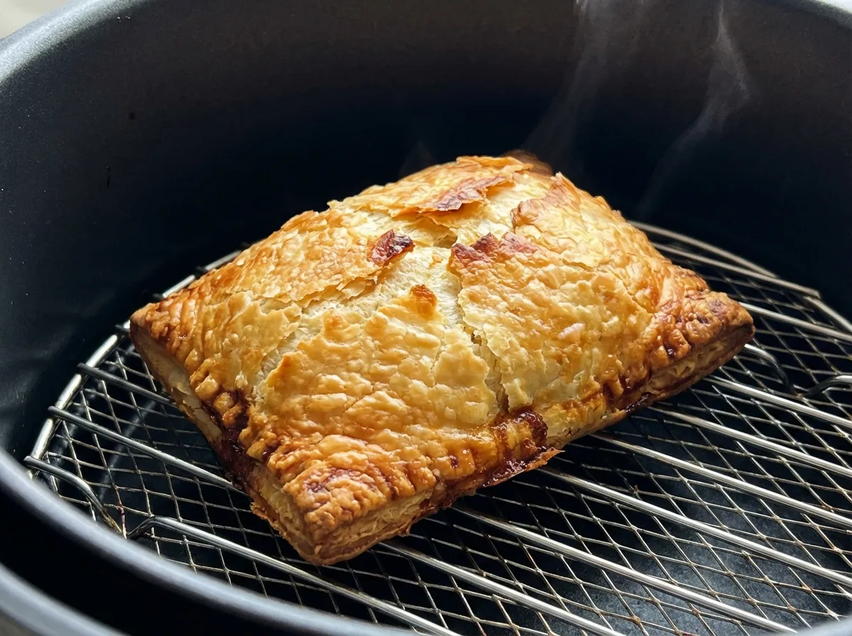A single breakfast pocket inside an air fryer basket, looking extremely crispy and shattered with golden butter layers.