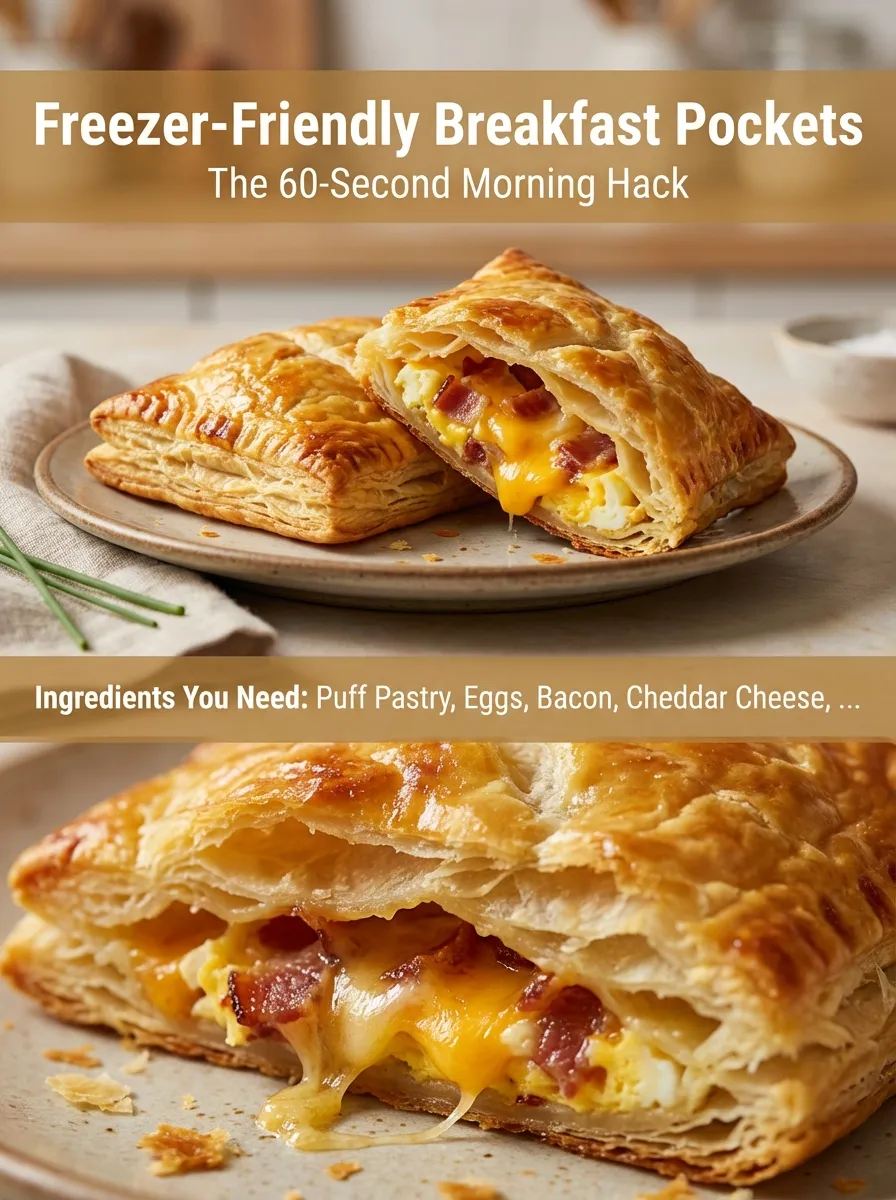 Vertical Pinterest pin showing a stack of breakfast pockets with text overlay about 60-second mornings.