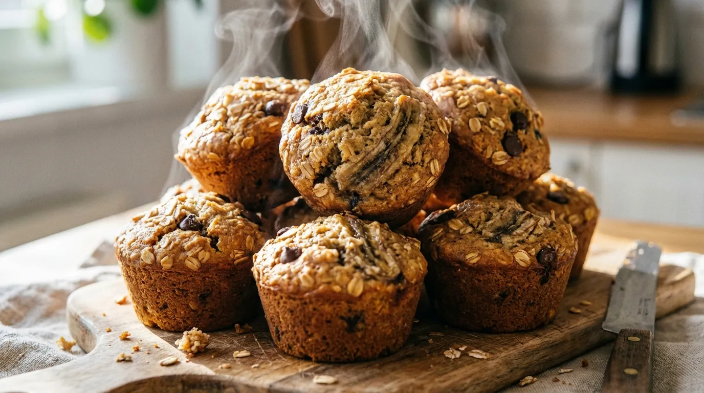 Close-up of golden-brown banana oat muffins with melted chocolate chips and a moist fiber-rich texture.