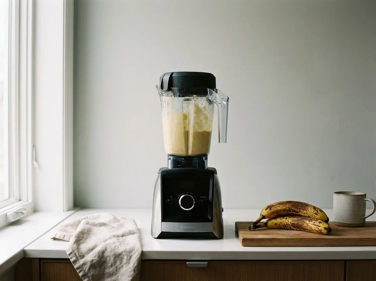 A clean kitchen counter featuring only a glass blender filled with muffin batter and two overripe bananas.