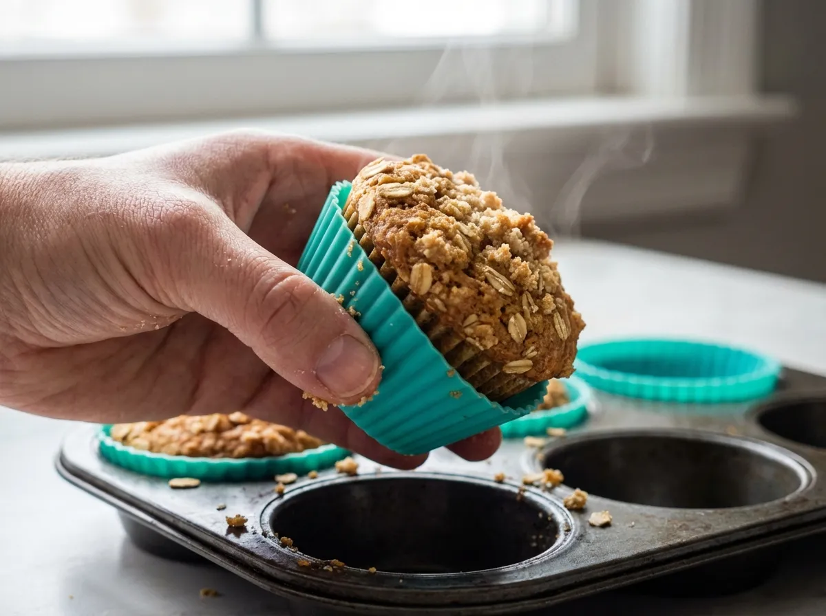 A hand pulling a perfectly intact banana oat muffin out of a bright blue silicone baking liner.