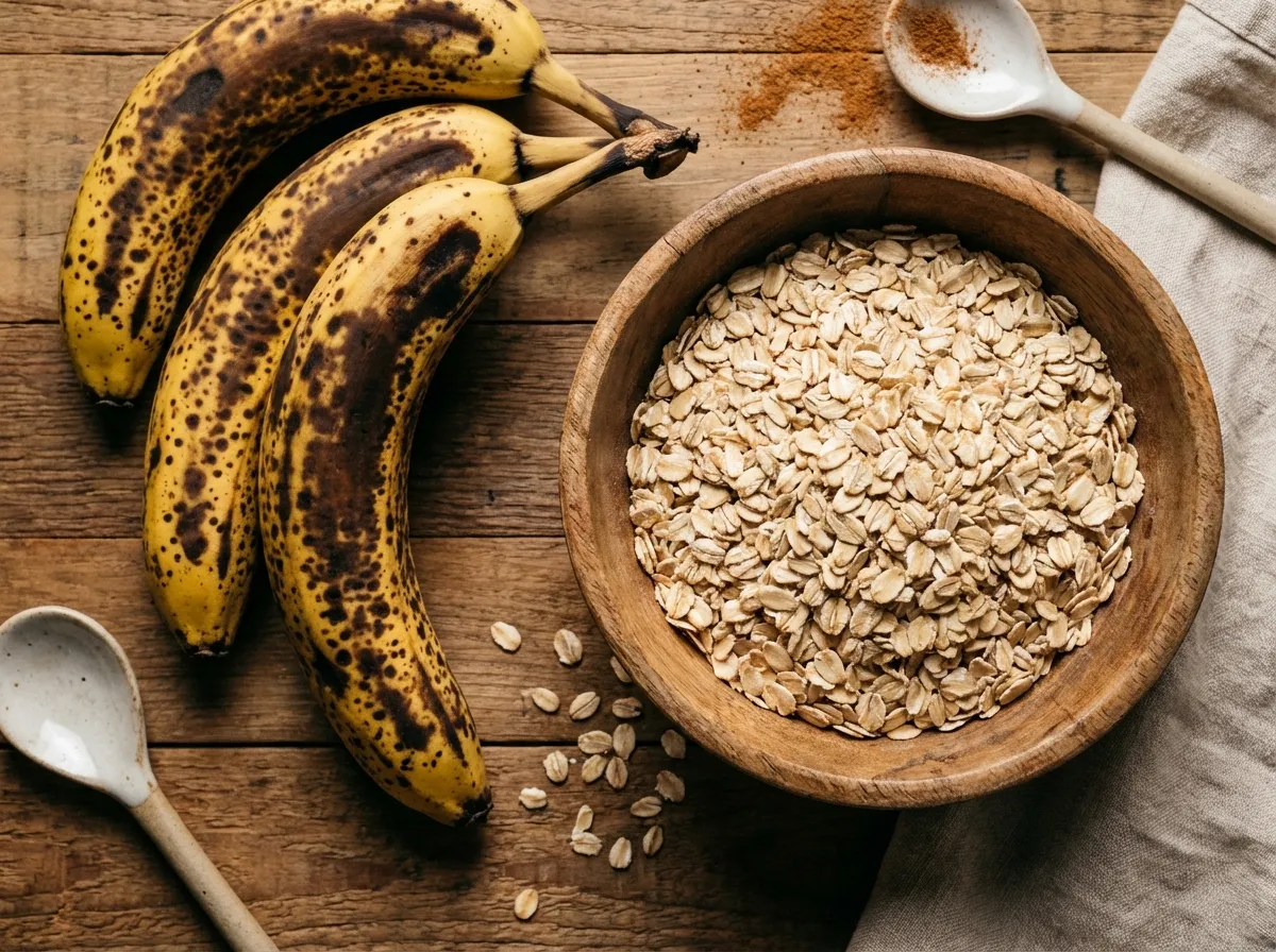 Comparison of whole rolled oats and black-spotted overripe bananas on a wooden board.
