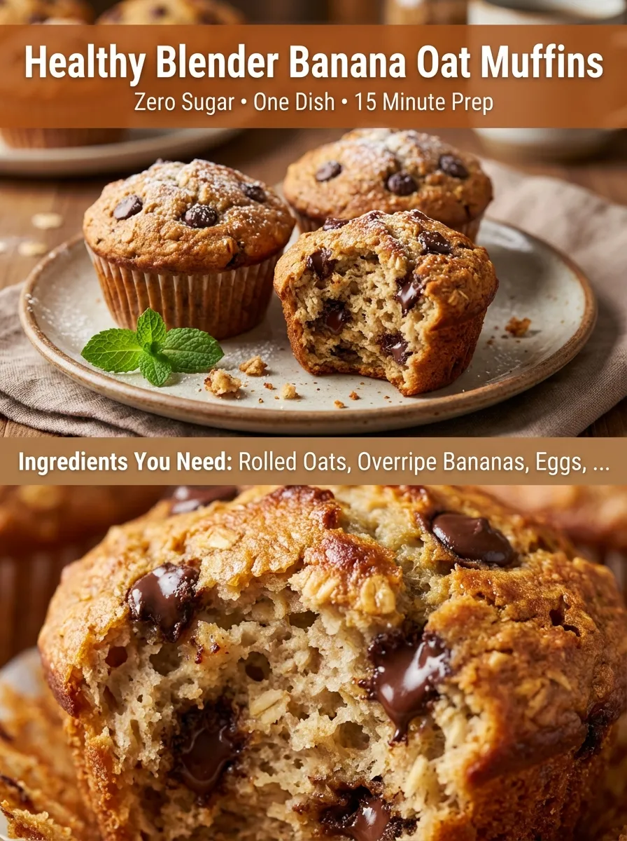 Pinterest recipe pin for Blender Banana Oat Muffins with ingredients and title overlay.