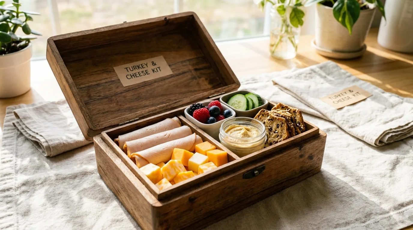 Close-up of a stainless steel bento box filled with folded turkey, cheddar cubes, crackers, and green grapes.