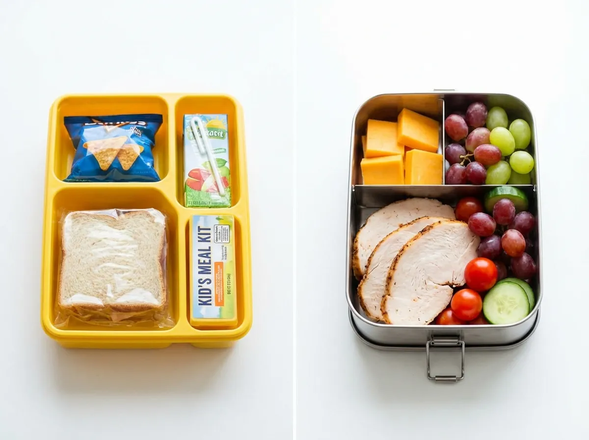 Side-by-side comparison of a processed store-bought lunch kit and a fresh stainless steel bento box.