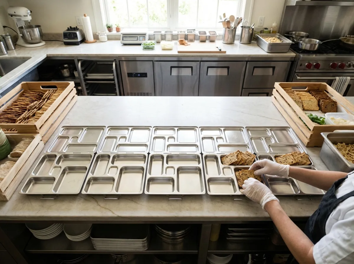 Five stainless steel bento boxes lined up on a counter being filled with crackers and turkey in an assembly line.