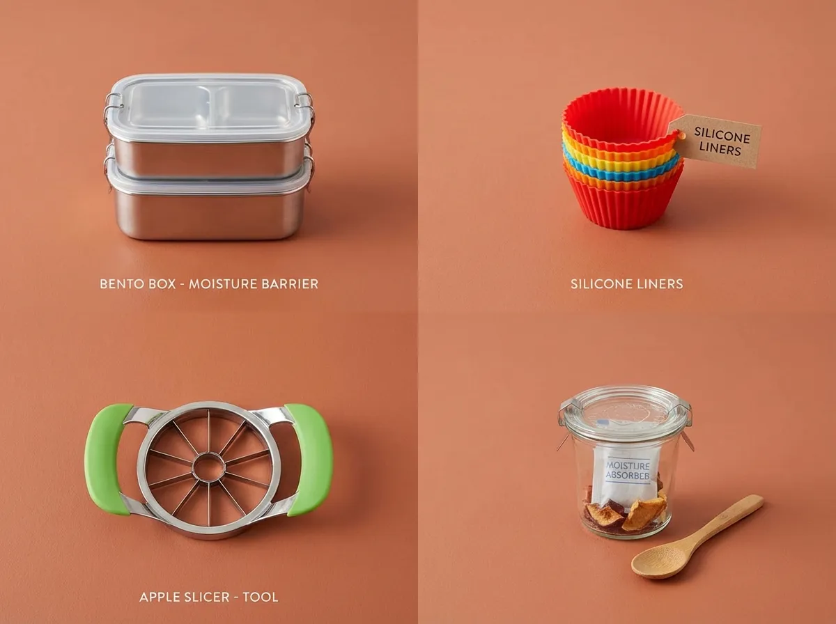 Essential lunchbox hardware including stainless bento boxes, colorful silicone liners, and an apple slicer.