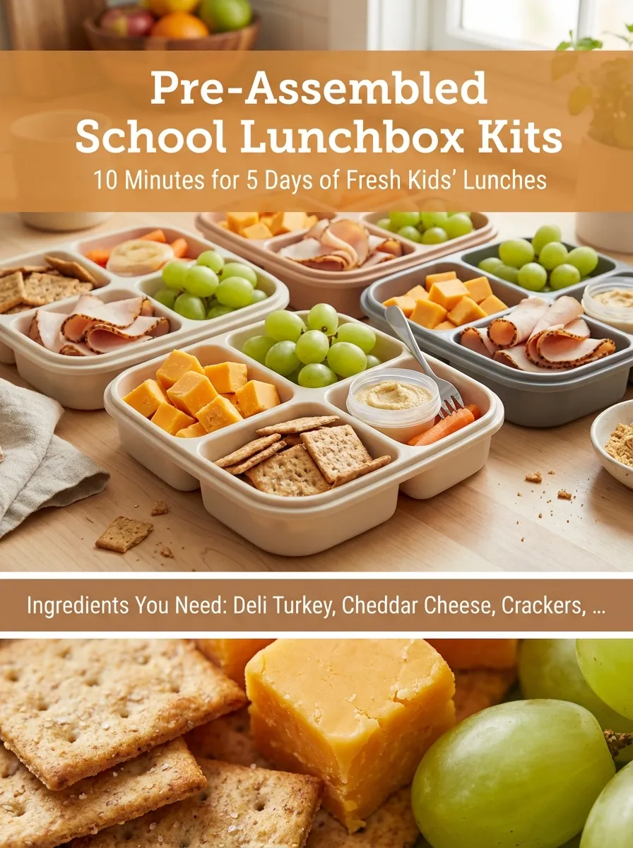 Vertical Pinterest graphic for Pre-Assembled School Lunchbox Kits with 10-minute prep instructions.