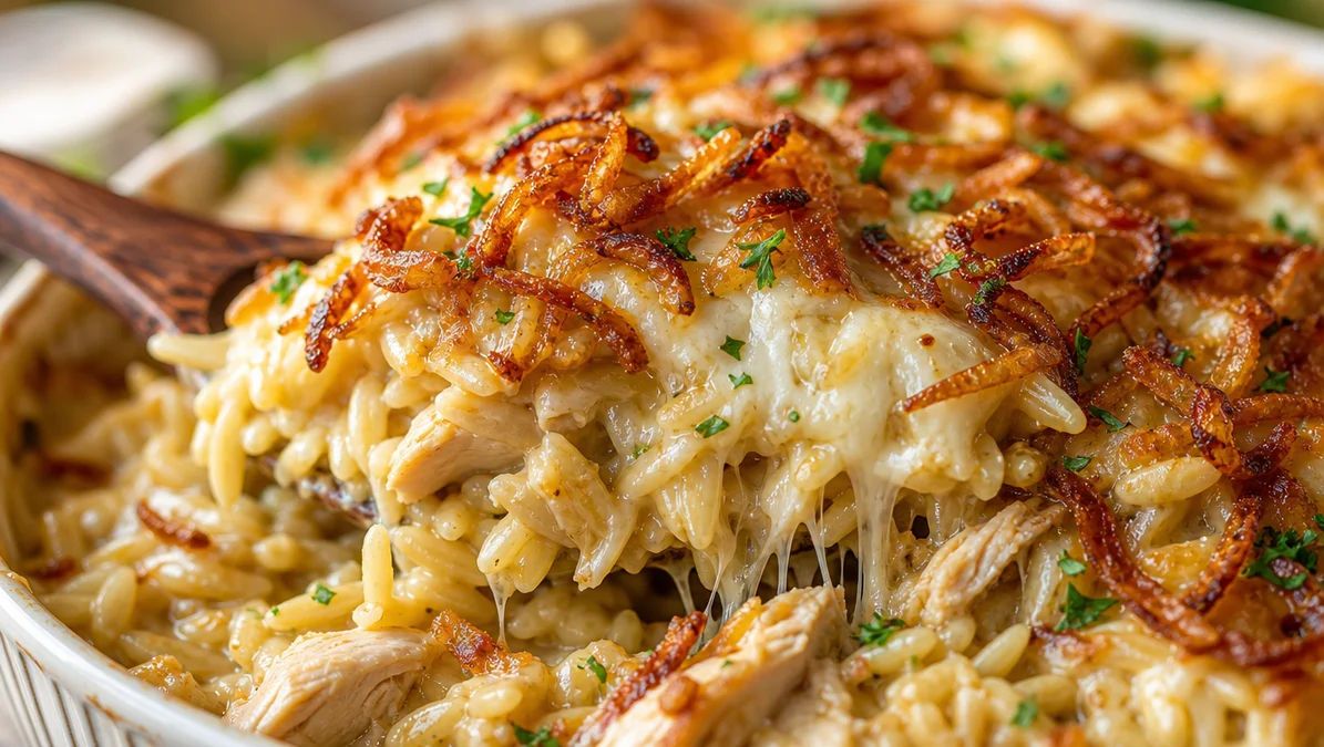 French Onion Chicken Orzo Casserole