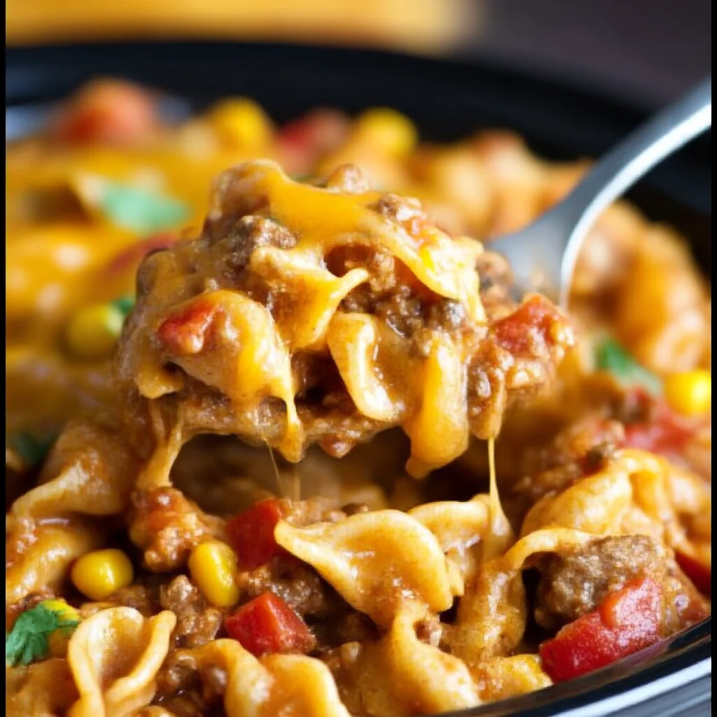 Crockpot Taco Pasta with Cheesy Shells