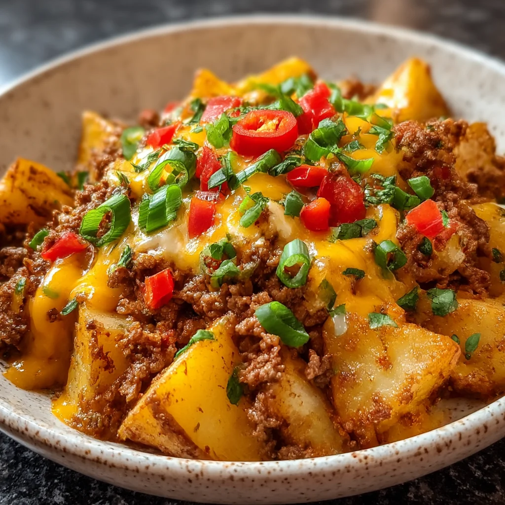 Cheesy Taco Potatoes with Seasoned Beef & Melted Cheese