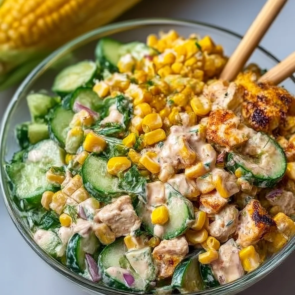 Grilled Chicken Corn Cucumber Salad with Creamy Street Corn Dressing