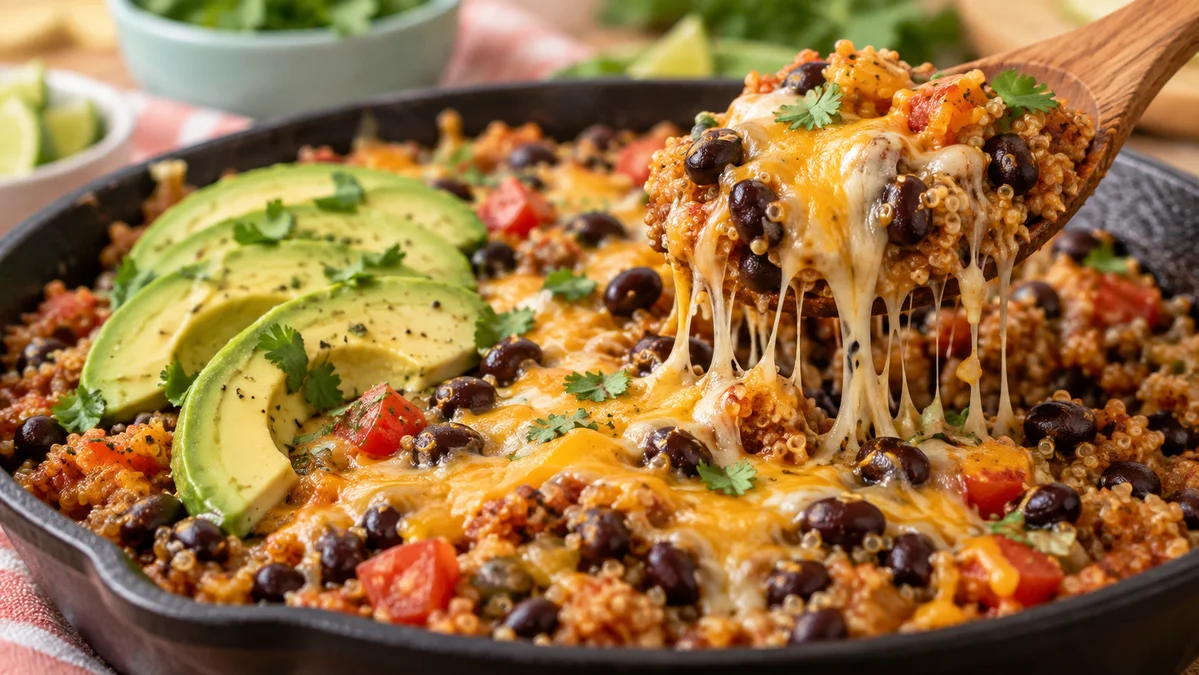 Cheesy Quinoa Black Bean Taco Skillet: High Protein High Fiber