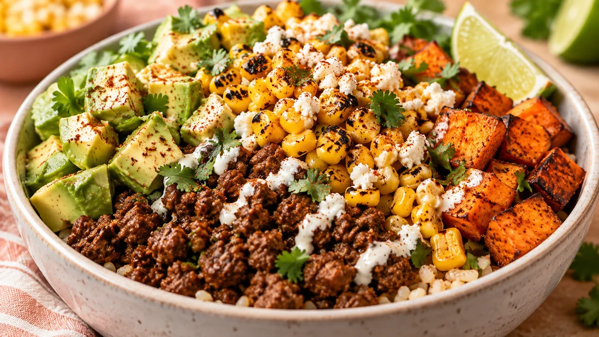 Street Corn Beef Bowl with Taco-Seasoned Beef and Avocado