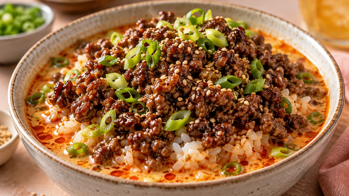 High Protein Ground Beef Rice Bowls with Gochujang Broth