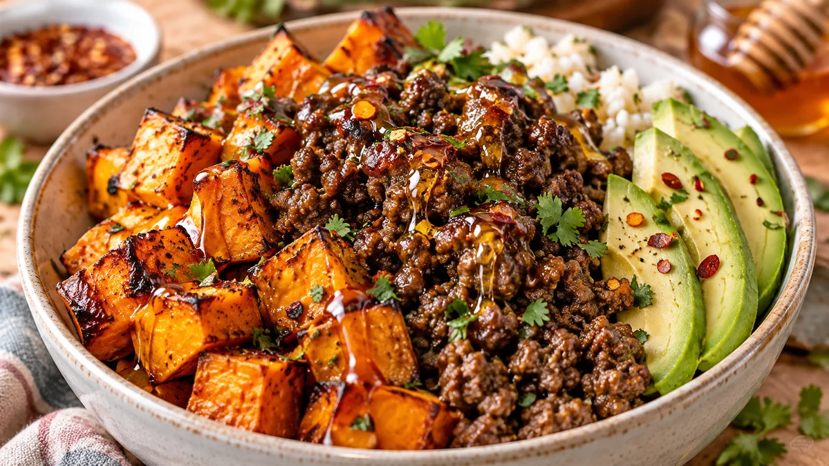Hot Honey Sweet Potato Beef Bowls with Roasted Sweet Potatoes