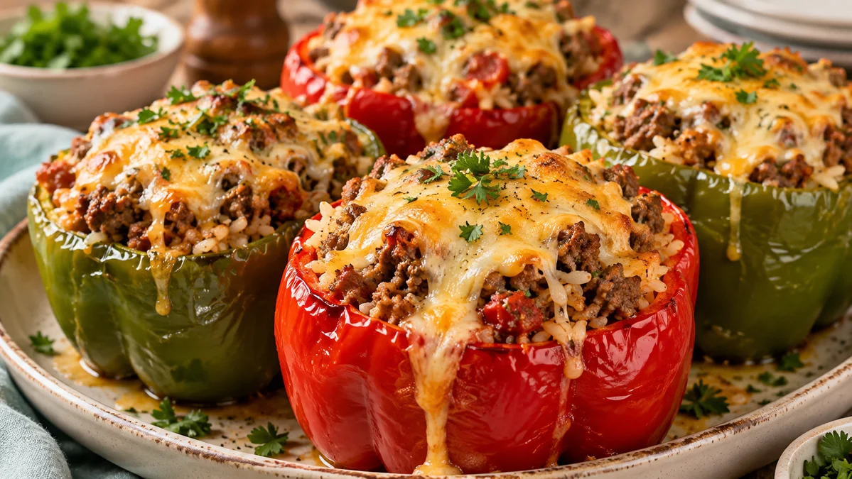 Stuffed Bell Peppers with Savory Beef, Rice & Melted Cheese