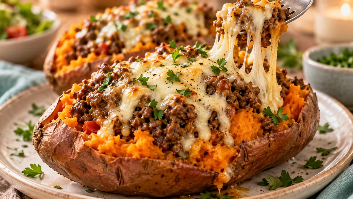 Stuffed Sweet Potatoes with Ground Beef and Mozzarella